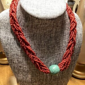 Coral Seed Bead and Faux Turquoise Woven Necklace